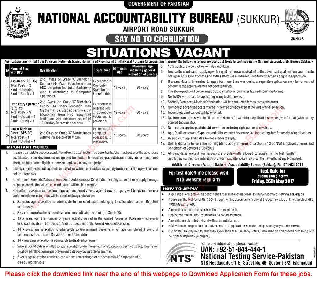 NAB Sukkur Jobs May 2017 NTS Application Form Assistants, DEO & Clerks National Accountability Bureau Latest