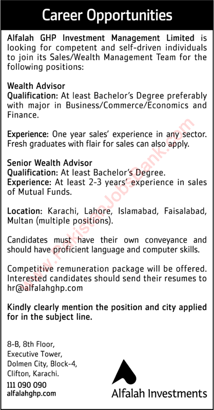 Alfalah GHP Investment Management Limited Jobs 2017 May for Wealth Advisors Latest