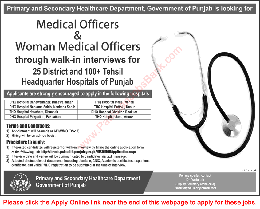 Medical Officer Jobs in Primary and Secondary Healthcare Department Punjab May 2017 June Walk in Interviews Latest