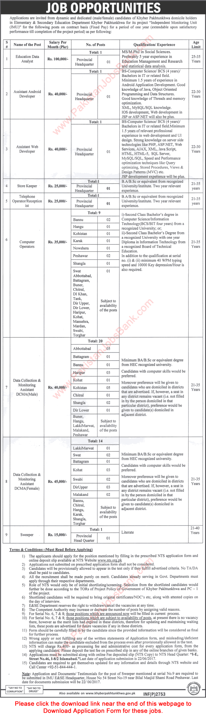 Elementary and Secondary Education Department KPK Jobs June 2017 NTS Application Form Download Latest