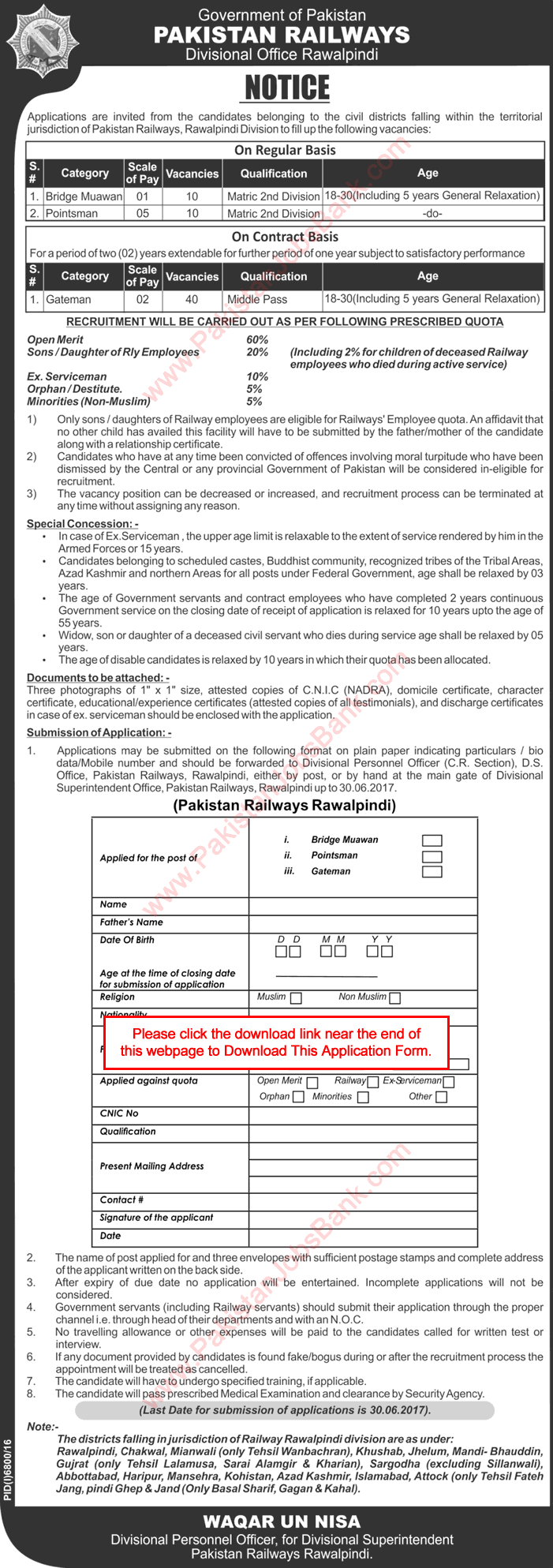 Pakistan Railways Jobs June 2017 Rawalpindi Division Application Form Gateman, Pointsman & Muawan Latest