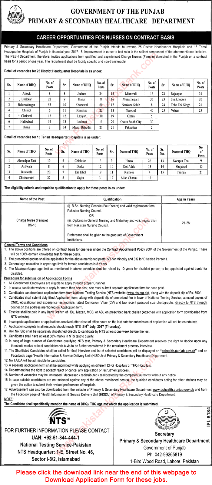 Charge Nurse Jobs in Primary and Secondary Healthcare Department June 2017 NTS Application Form Latest