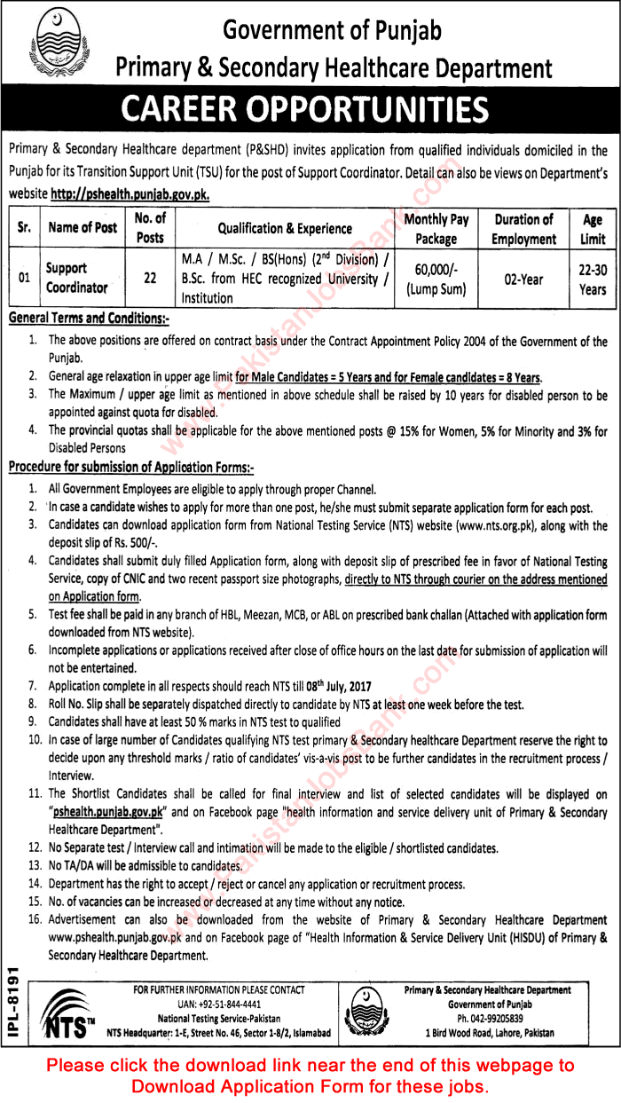 Support Coordinator Jobs in Primary and Secondary Healthcare Department Punjab June 2017 NTS Application Form Latest