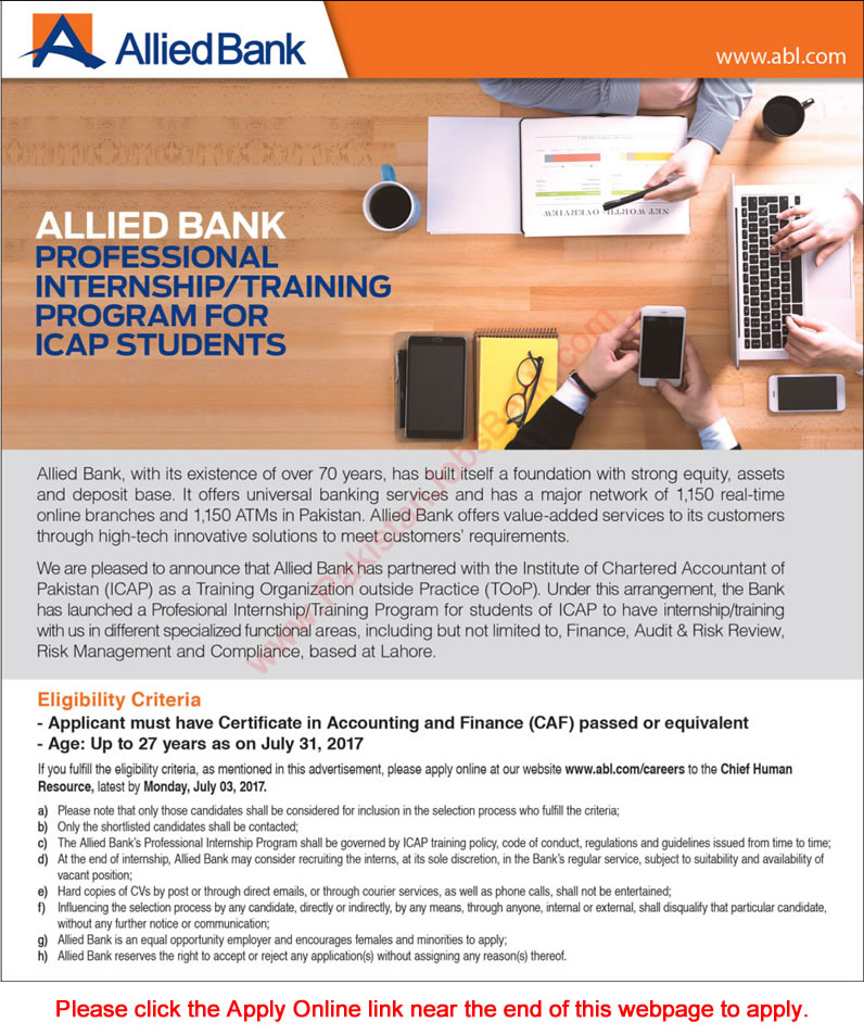 Allied Bank Professional Internship / Training Program 2017 June for ICAP Students Apply Online ABL Latest