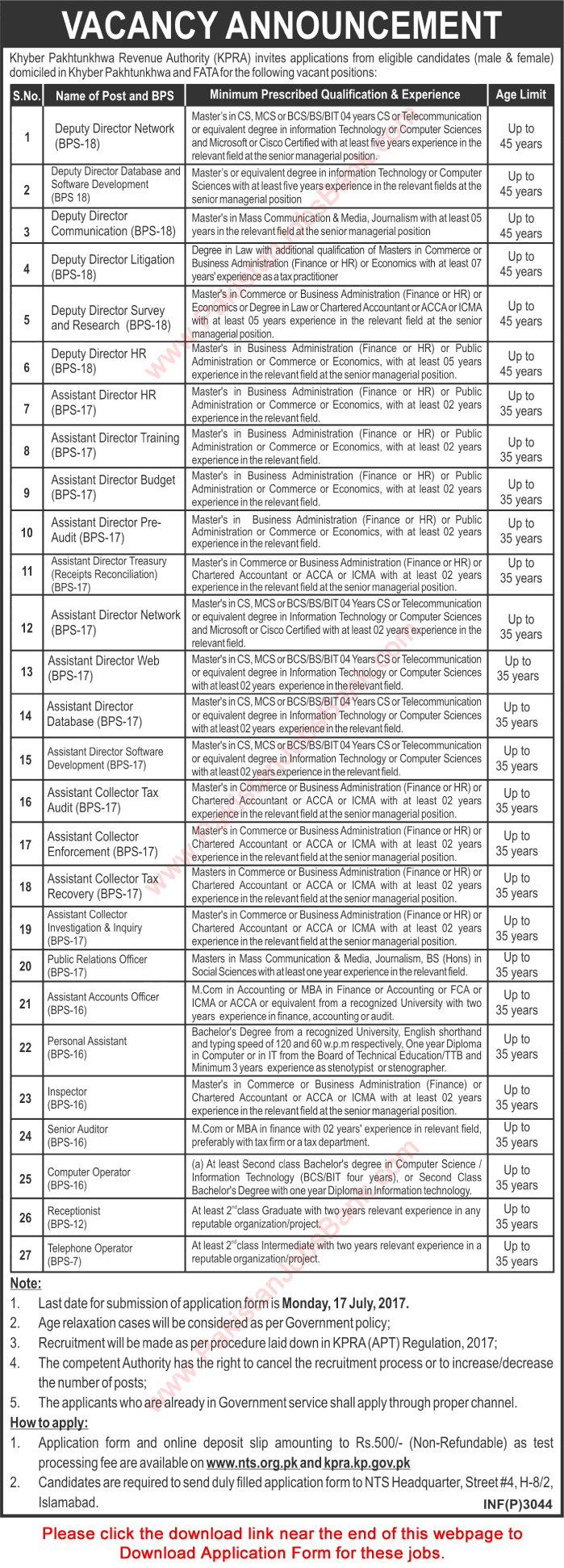 Khyber Pakhtunkhwa Revenue Authority Jobs 2017 June NTS Application Form Download Latest