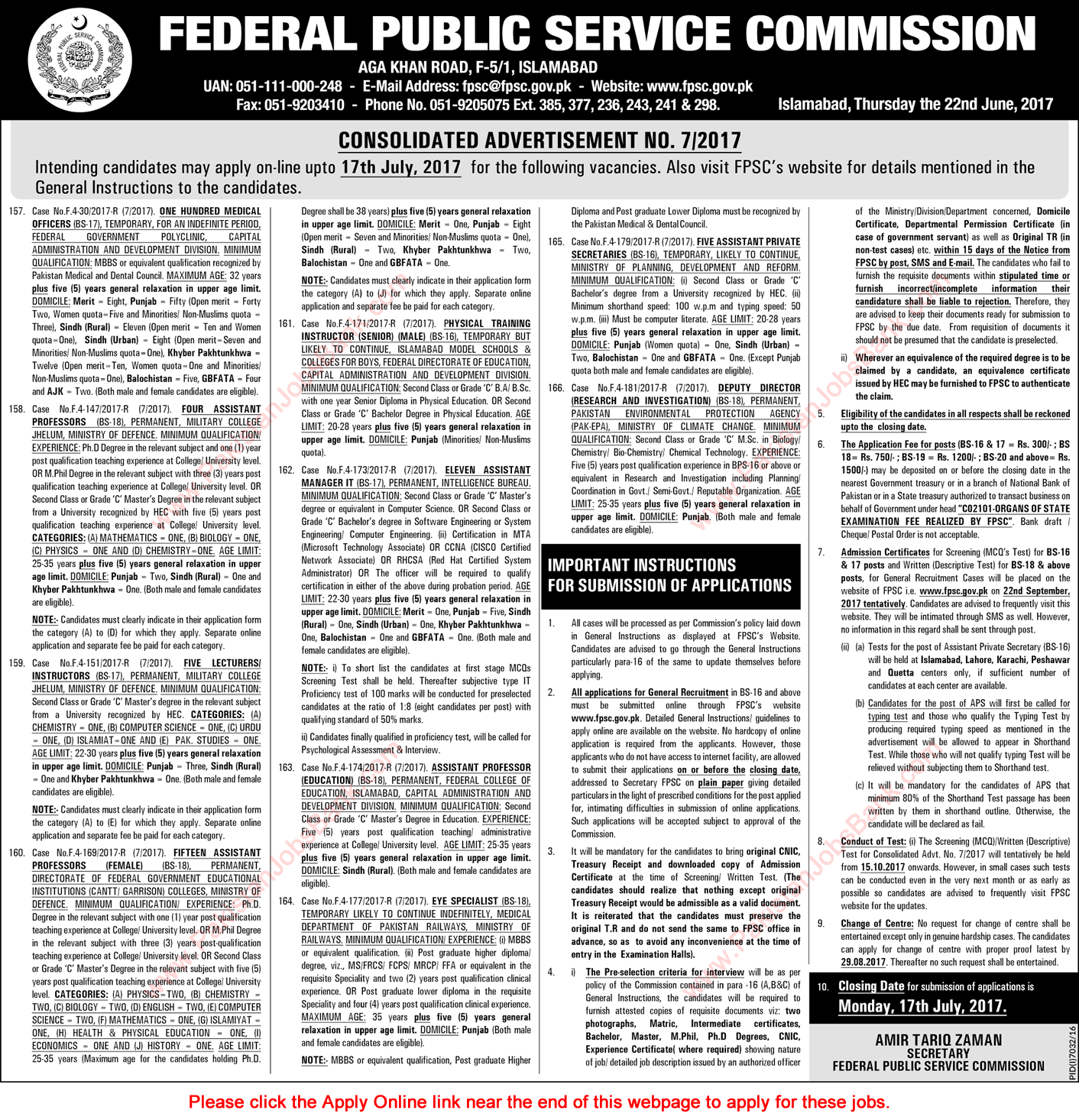FPSC Jobs July 2017 Apply Online Consolidated Advertisement No 07/2017 7/2017 Latest