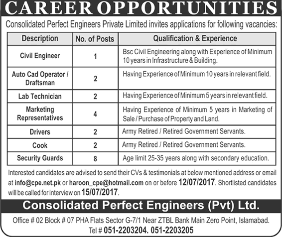 Consolidated Perfect Engineers Pvt Ltd Islamabad Jobs 2017 July Marketing Representatives & Others Latest