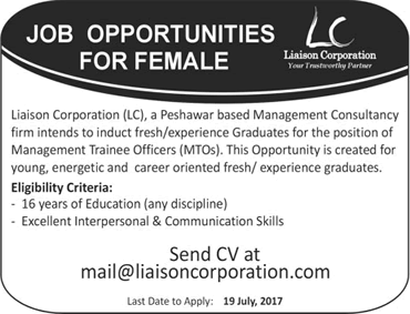 Female Management Trainee Officer Jobs in Liaison Corporation Peshawar 2017 July Latest