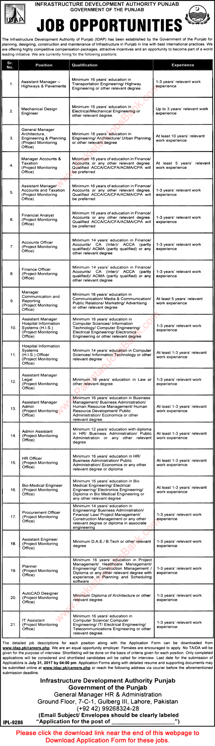 Infrastructure Development Authority Punjab Jobs July 2017 Application Form Download IDAP Latest