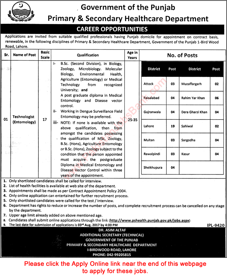 Entomology Technologist Jobs in Primary and Secondary Healthcare Department Punjab July  2017 Apply Online Latest