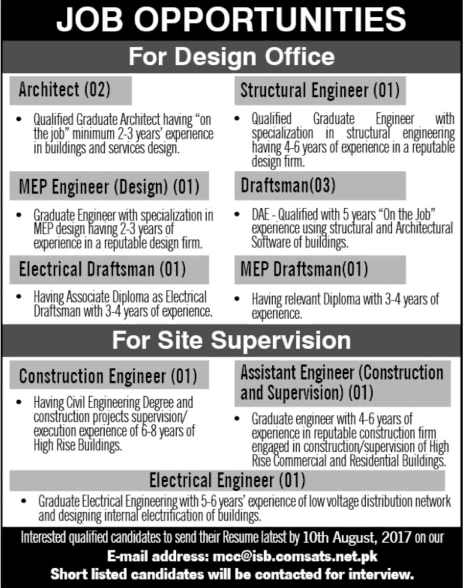 COMSATS Internet Services Jobs August 2017 Draftsman, Architects, Construction Engineer & Others Latest