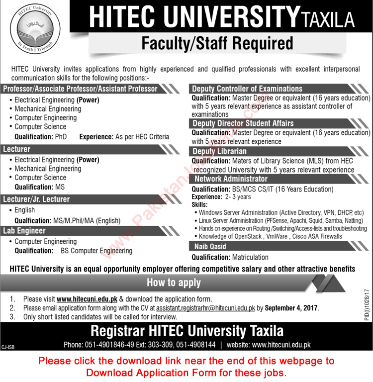HITEC University Taxila Jobs August 2017 Application Form Teaching Faculty & Others Latest