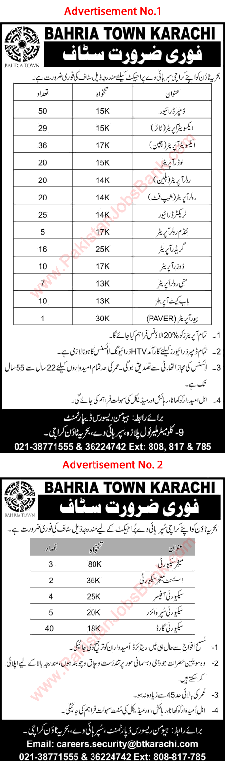 Bahria Town Karachi Jobs August 2017 September Damper Drivers, Excavator Operators, Security Guards & Others Latest