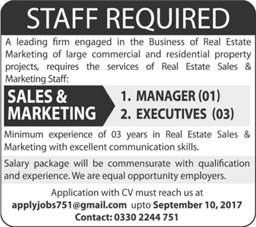 Sales & Marketing Jobs in Islamabad August 2017 September at Real Estate Company Latest
