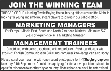 GBO Group Lahore Jobs 2017 September Marketing Managers & Management Trainees Latest