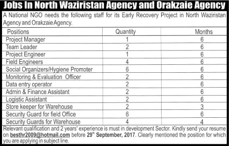 NGO Jobs in Pakistan September 2017 Social Organizers, Field Engineers, Security Guards & Others Latest