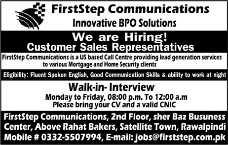 Customer Sales Representative Jobs in Islamabad September 2017 First Step Communications Walk in Interview Latest