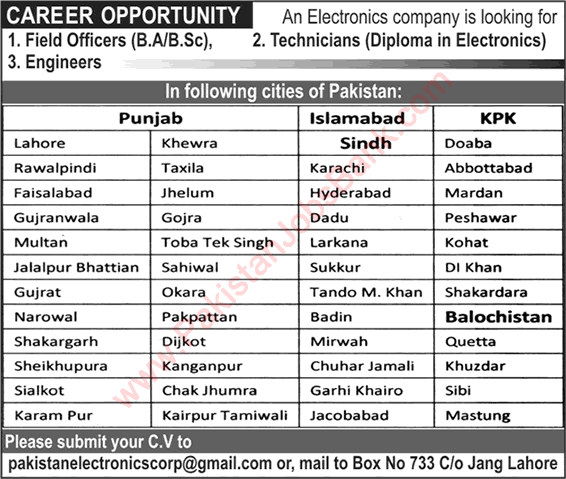 Pakistan Electronics Corporation Jobs 2017 October Field Officers, Engineers & Technicians Latest