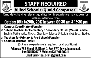 Allied School Islamabad Jobs October 2017 Quaid Campus Teachers & Others Walk in Interview Latest
