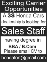 Sales Jobs in Lahore October 2017 Honda Fort Latest