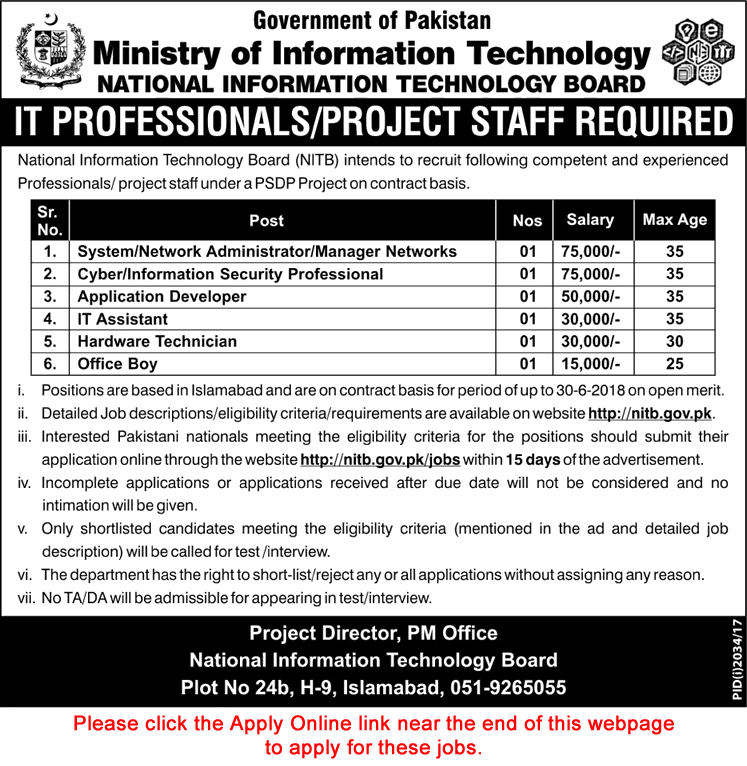 National Information Technology Board Islamabad Jobs October 2017 Apply Online MoIT Latest