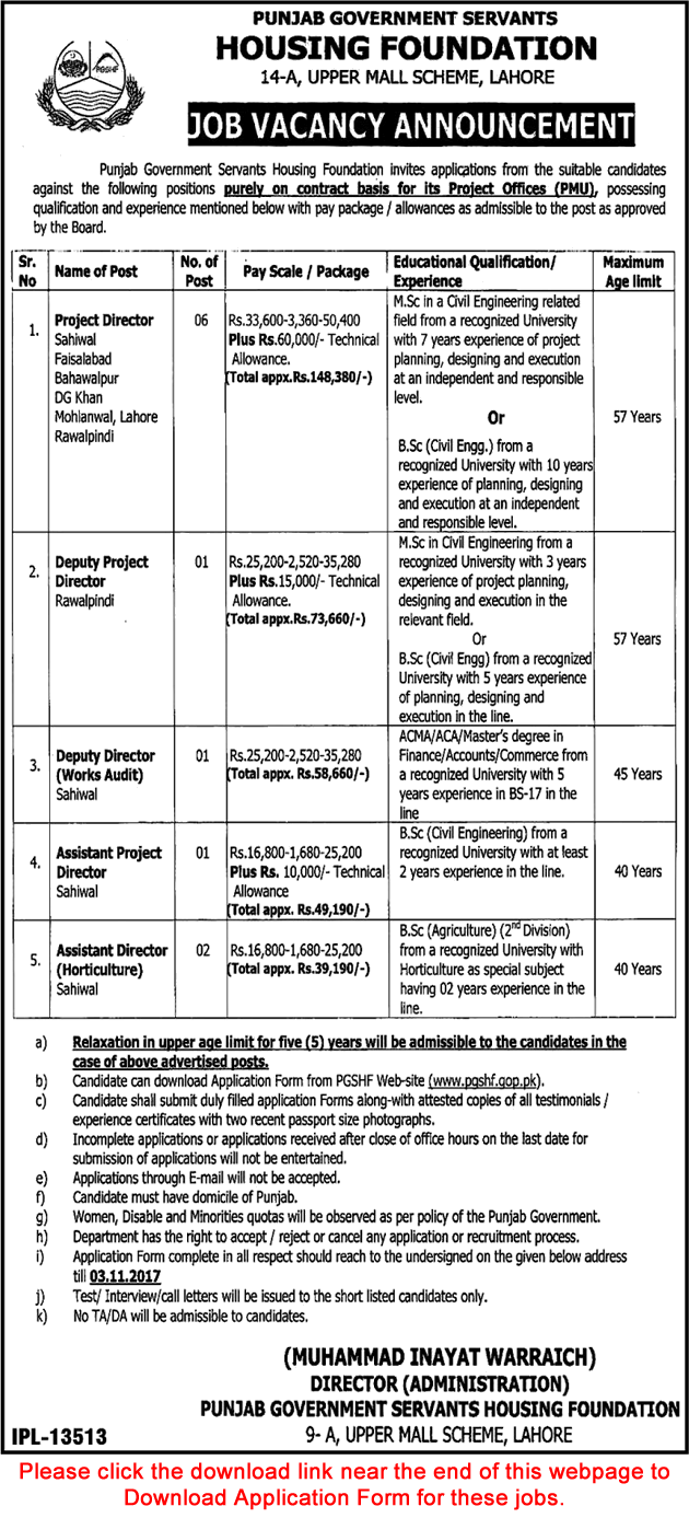 Punjab Government Servant Housing Foundation Jobs 2017 October Application Form Deputy / Assistant Directors Latest