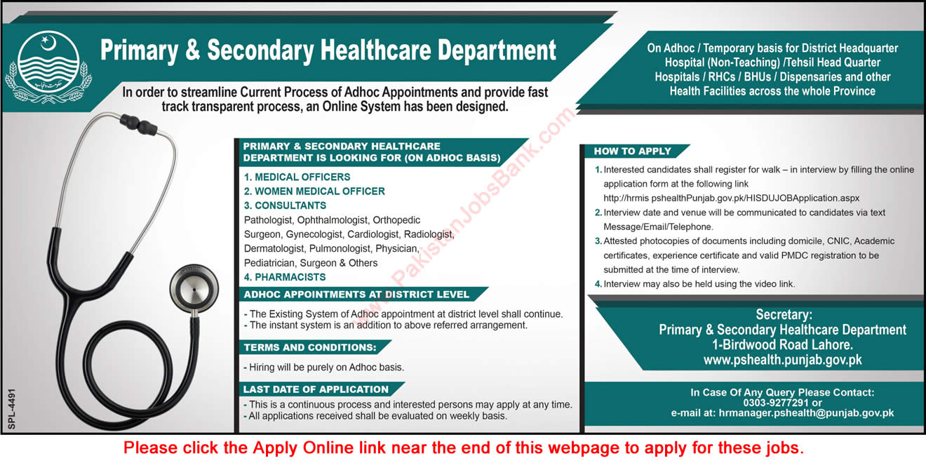 Primary and Secondary Healthcare Department Punjab Jobs October 2017 Apply Online Latest