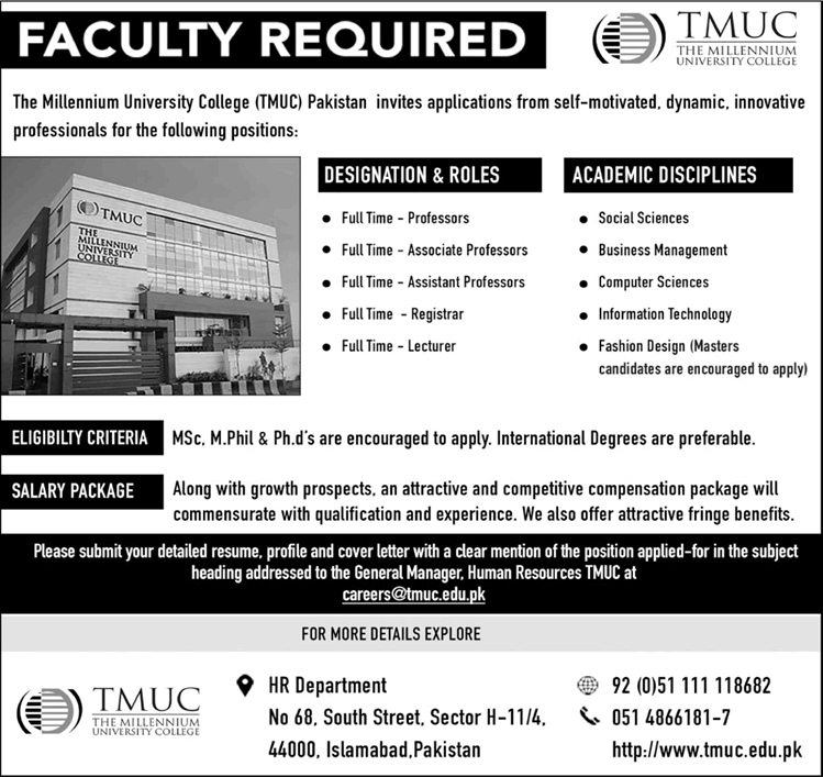 The Millennium University College Islamabad Jobs 2017 October Teaching Faculty TMUC Latest