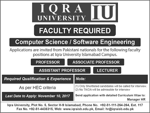 Iqra University Islamabad Jobs October 2017 Teaching Faculty Latest