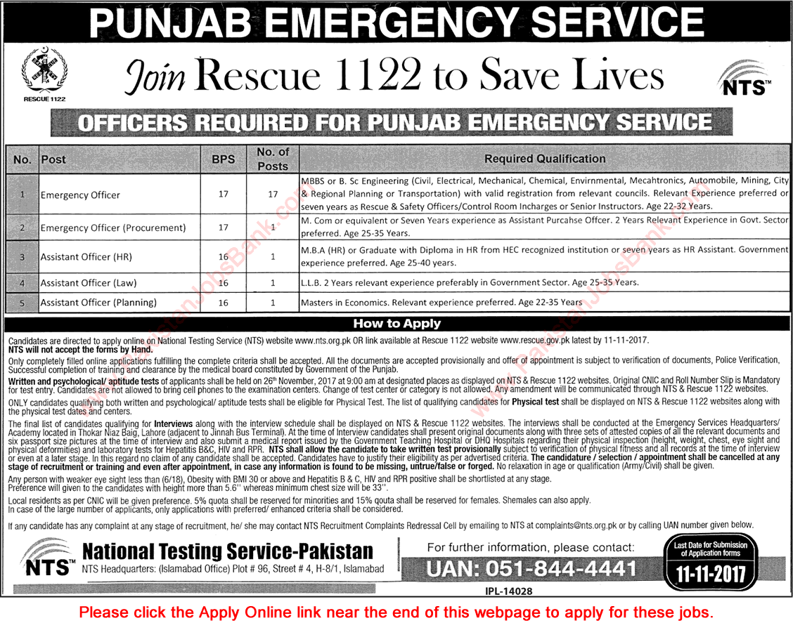 Punjab Emergency Service Rescue 1122 Jobs October 2017 NTS Application Form Emergency Officers & Others Latest