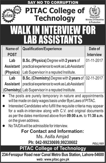 Lab Assistant Jobs in PITAC College of Technology Lahore October 2017 November Walk in Interview Latest