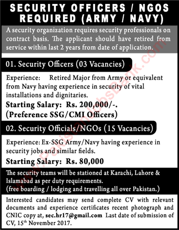 Security Officer Jobs in Islamabad / Lahore / Karachi November 2017 Ex/Retired Army Personnel Latest