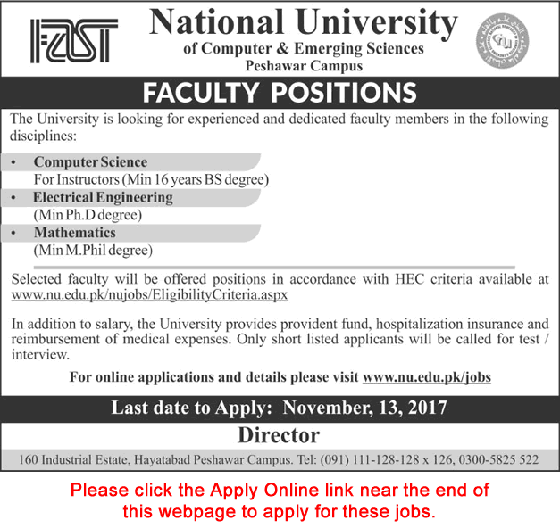 FAST University Peshawar Campus Jobs November 2017 Apply Online for Teaching Faculty Latest