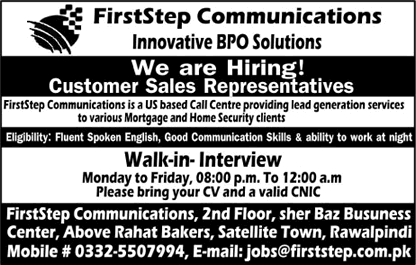Customer Sales Representative Jobs in Rawalpindi November 2017 First Step Communications Walk in Interview Latest