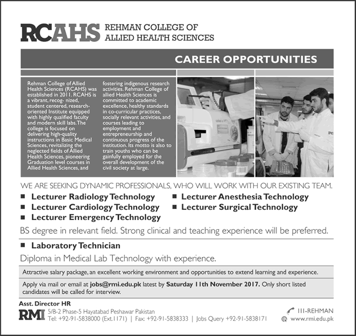 Rehman College of Allied Health Sciences Peshawar Jobs 2017 November Lecturers & Lab Technician Latest