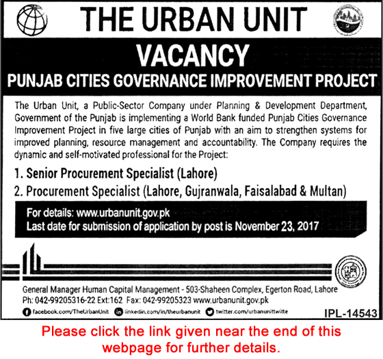 Procurement Specialist Jobs in Urban Unit November 2017 Punjab Cities Governance Improvement Project Latest