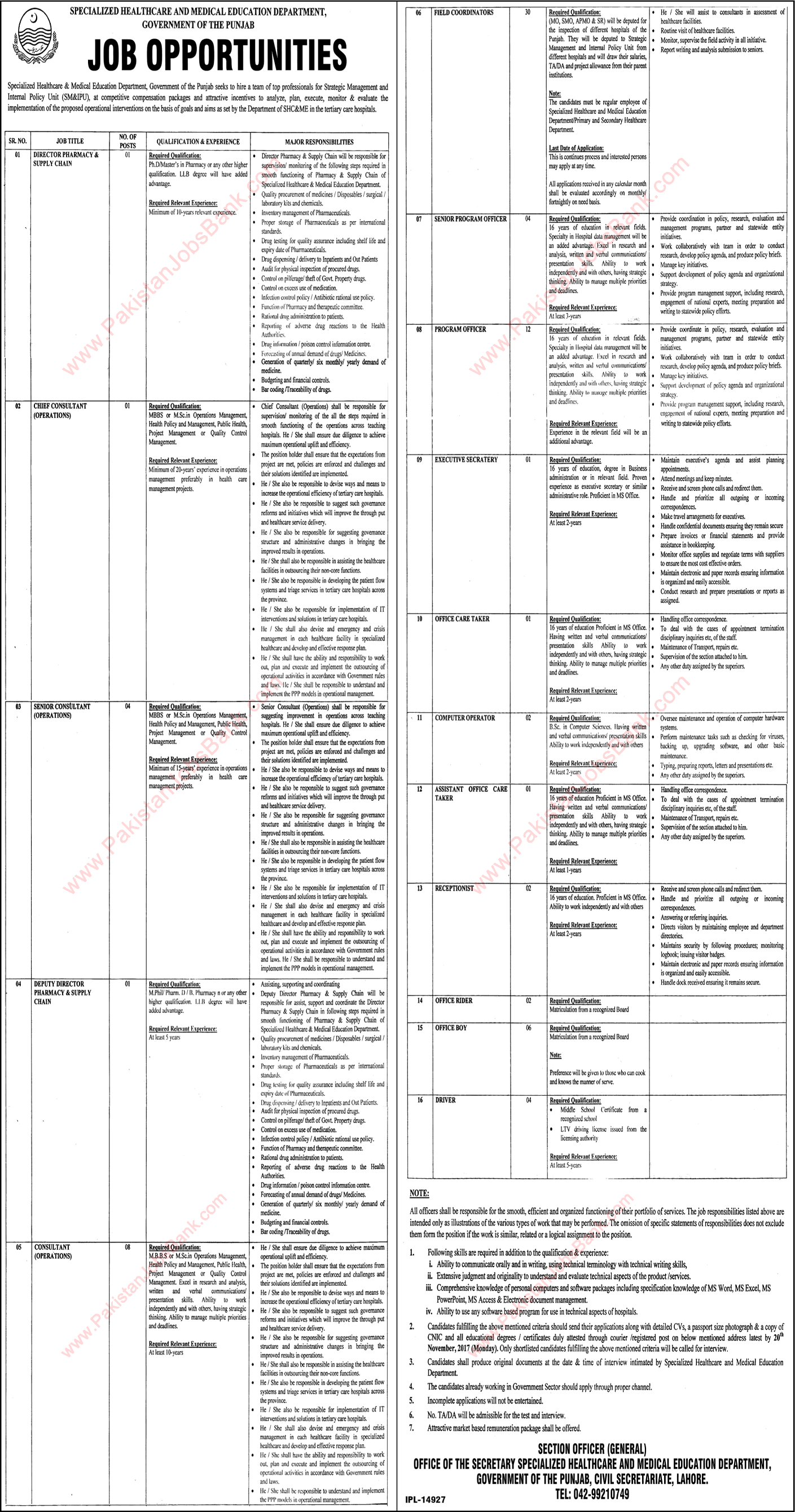 Specialized Healthcare and Medical Education Department Punjab Jobs November 2017 Latest