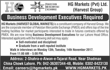 Business Development Executive Jobs in HG Markets Lahore November2017 Walk in Interview Latest
