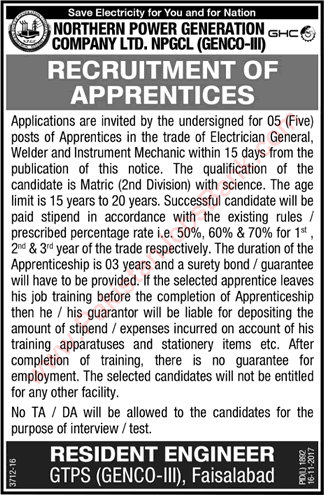 NPGCL Apprenticeships 2017 November GENCO Faisalabad WAPDA Apprentices Jobs Latest / New
