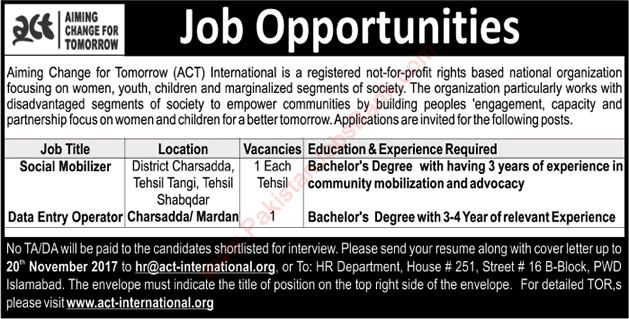 ACT NGO Jobs November 2017 Social Mobilizers & Data Entry Operator Aiming Change for Tomorrow Latest