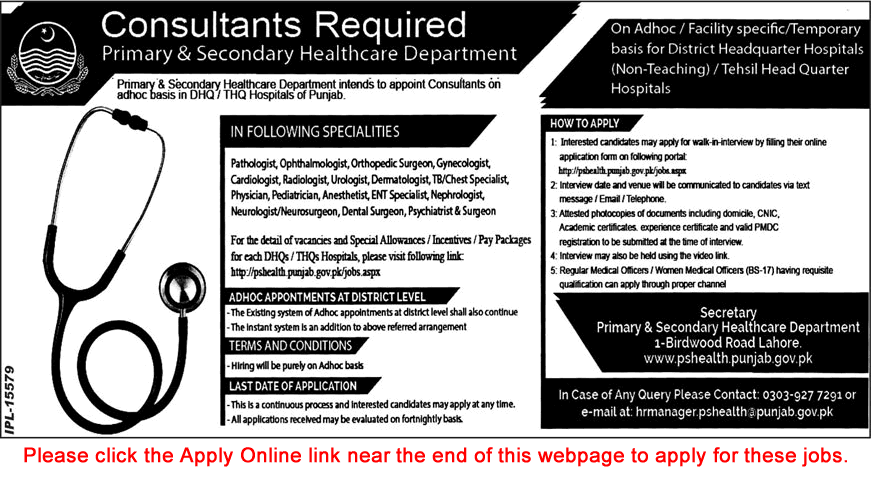 Medical Consultant Jobs in Primary and Secondary Healthcare Department Punjab November 2017 December Apply Online Latest
