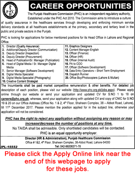 Punjab Healthcare Commission Jobs November 2017 December Apply Online PHC Latest