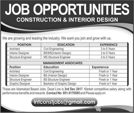 Construction and Interior Design Company Jobs in Islamabad 2017 November / December Latest