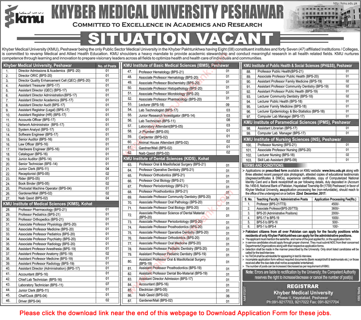 Khyber Medical University Peshawar Jobs November 2017 December Kohat Application Form Teaching Faculty & Others Latest