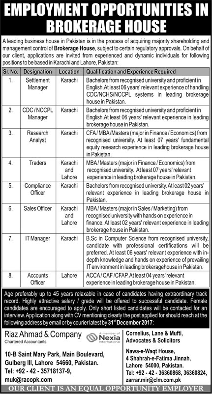 Brokerage House Jobs in Pakistan 2017 December Karachi & Lahore Traders, Sales Officers & Others Latest