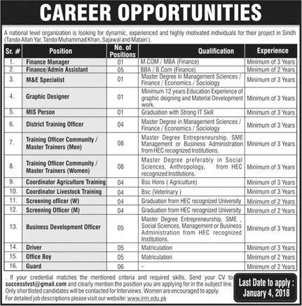 Institute of Rural Management Sindh Jobs December 2017 Master Trainers, Screening Officers & Others Latest
