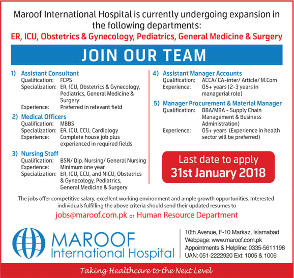 Maroof International Hospital Islamabad Jobs December 2017 / 2018 Medical Officers, Nurses & Others Latest