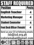 Institute of Career Development Islamabad Jobs 2018 ICD English Teachers, Front Desk Officers & Others Latest