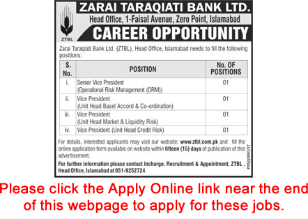 ZTBL Jobs 2018 January Apply Online for Vice Presidents Zarai Taraqiati Bank Limited Latest
