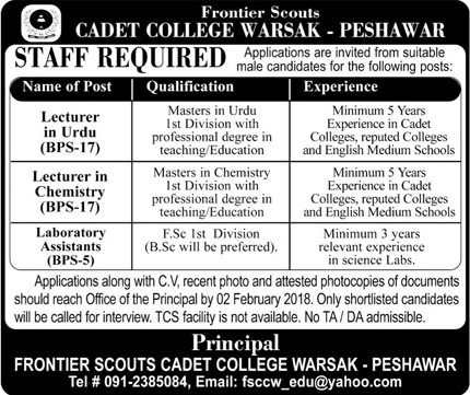 Cadet College Warsak Peshawar Jobs 2018 January Lecturers & Lab Assistants Latest